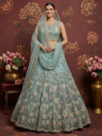 Marvelous Sky-Blue Embroidered Net Designer Lehenga Choli With Dupatta